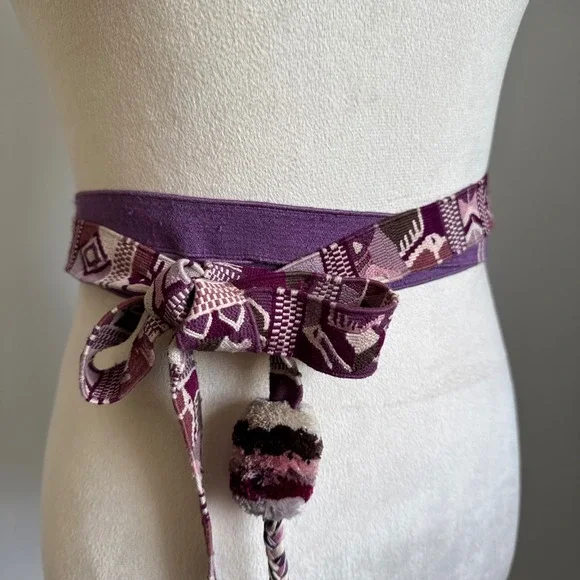 Woven‎ Fabric Belt Sash Aztec Geometric Purple Boho Hippie Pom Pom Tie Belt - Picture 4 of 9